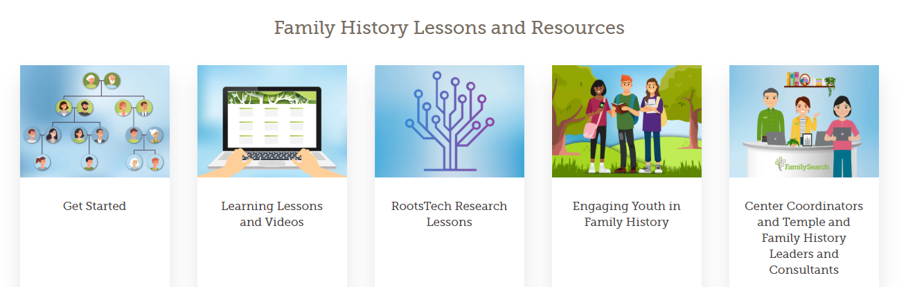 Family History Lessons and Resources categories, including lessons for beginners, youth, consultants, and center coordinators