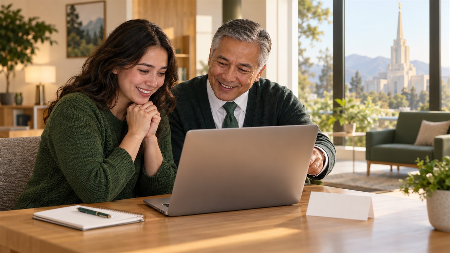 A Center consultant helping a visitor find family names for temple work