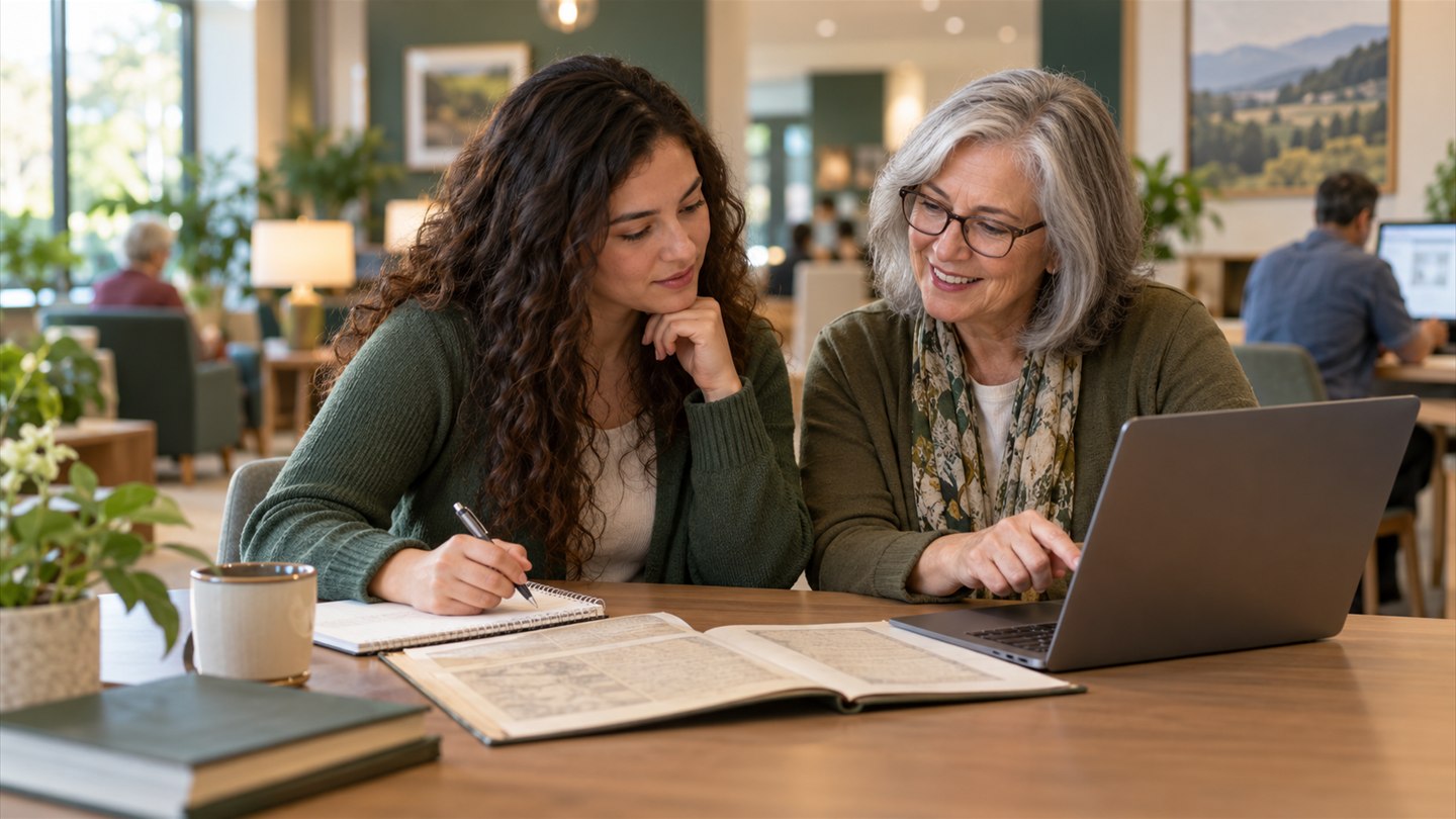 A learner building family-history skills with help from a Center consultant